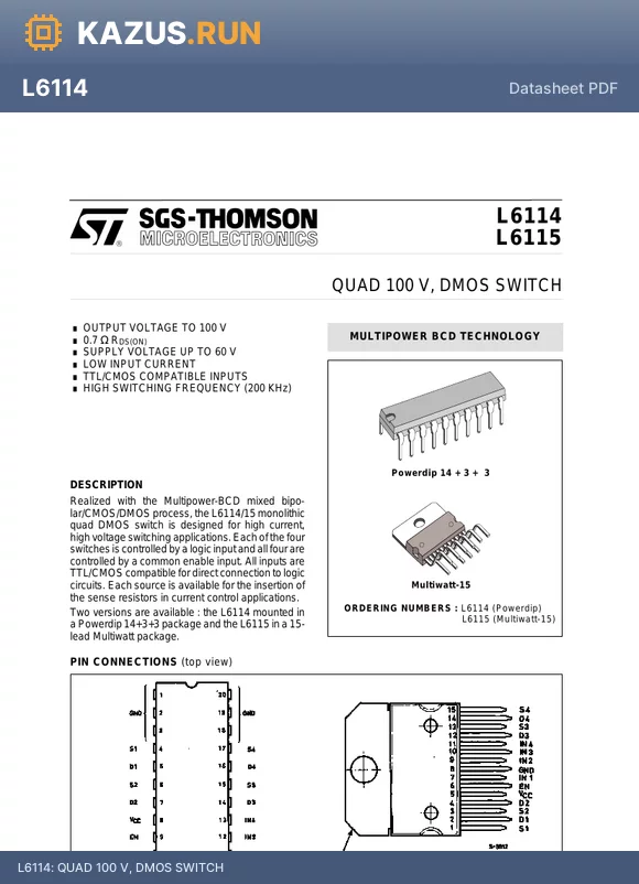 L6115 datasheet - QUAD 100 V, DMOS SWITCH