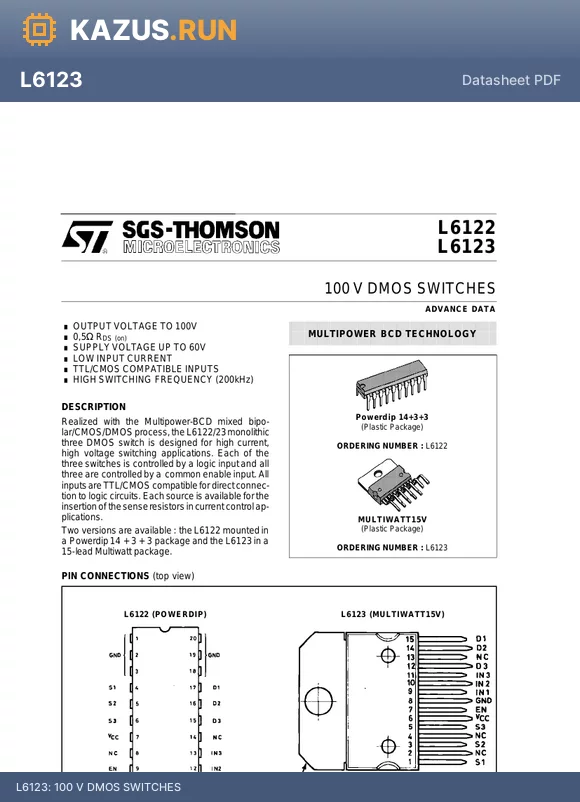 L6122 datasheet - 100 V DMOS SWITCHES