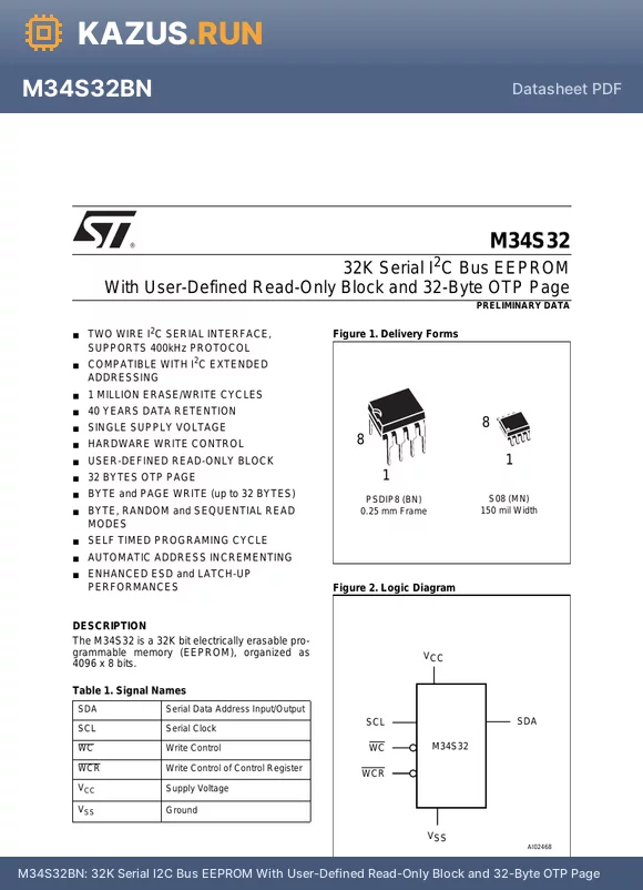 M34S32WMN5T datasheet - 32K Serial I2C Bus EEPROM With User-Defined Read-Only Block and 32-Byte OTP Page