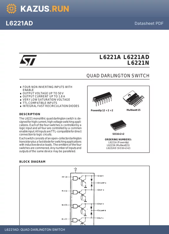L6221AD datasheet - QUAD DARLINGTON SWITCH