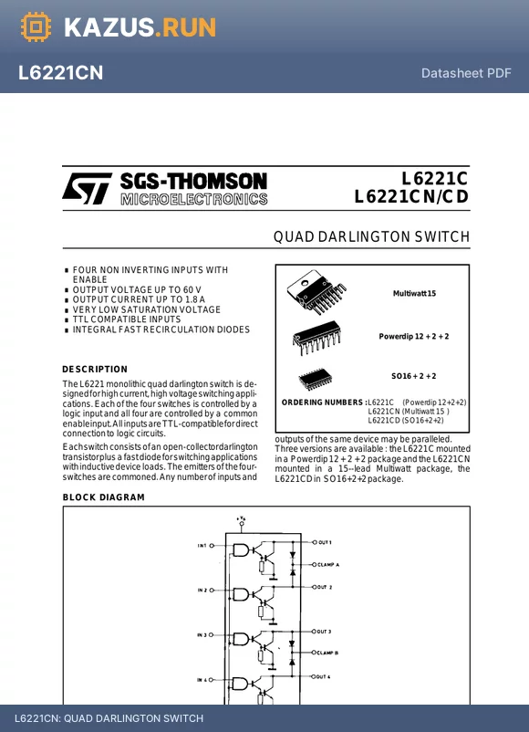 L6221CD datasheet - QUAD DARLINGTON SWITCH