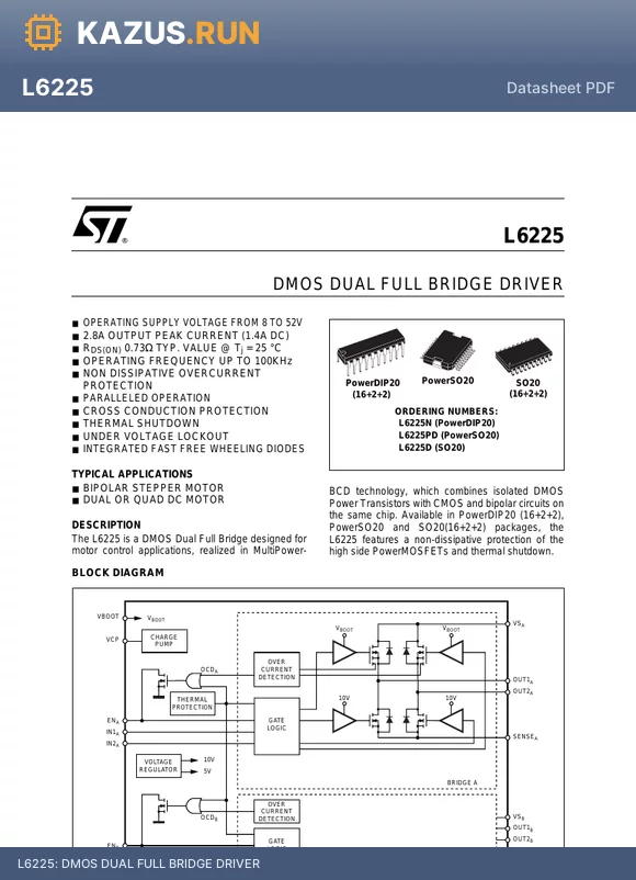 L6225N datasheet - DMOS DUAL FULL BRIDGE DRIVER