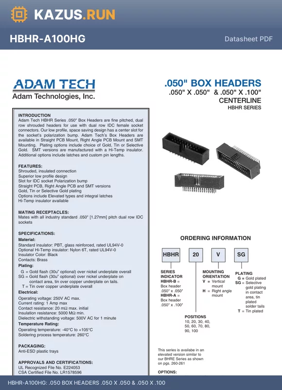 HBHR-B50VT datasheet - .050 BOX HEADERS .050 X .050 & .050 X .100