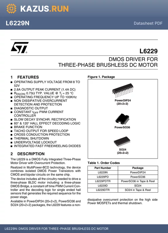 L6229PDTR datasheet - DMOS DRIVER FOR THREE-PHASE BRUSHLESS DC MOTOR