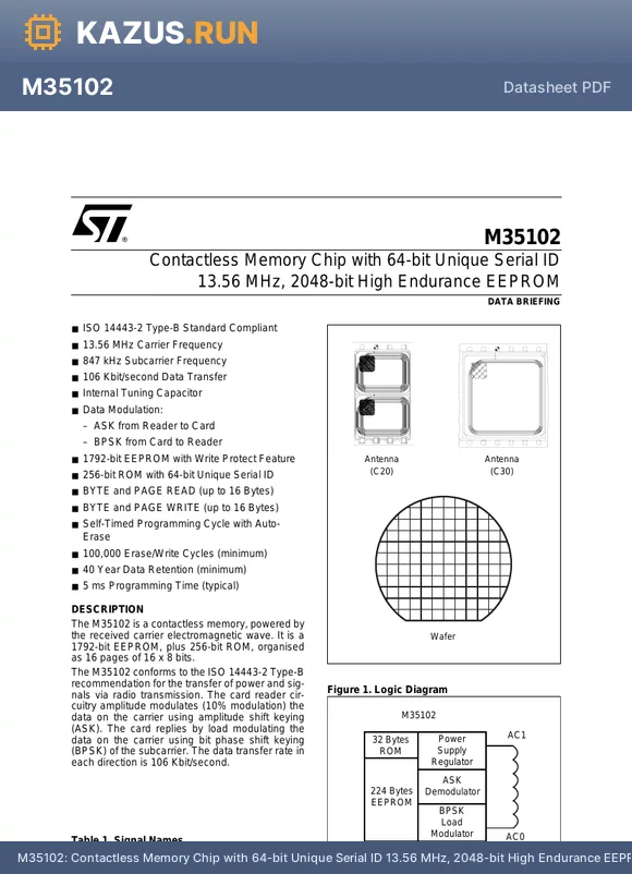M35102 datasheet - Contactless Memory Chip with 64-bit Unique Serial ID 13.56 MHz, 2048-bit High Endurance EEPROM