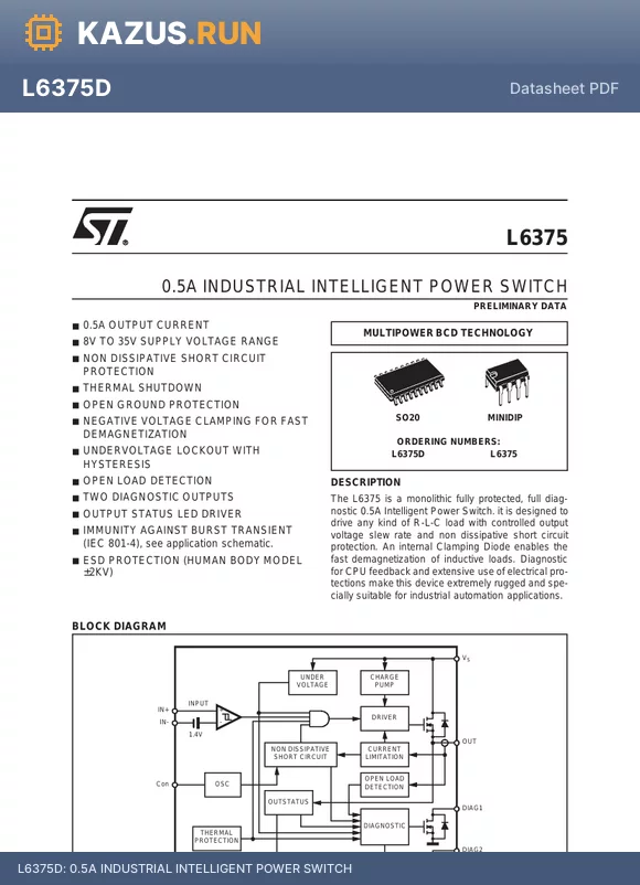 L6375D datasheet - 0.5A INDUSTRIAL INTELLIGENT POWER SWITCH