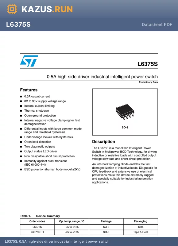 L6375STR datasheet - 0.5A high-side driver industrial intelligent power switch