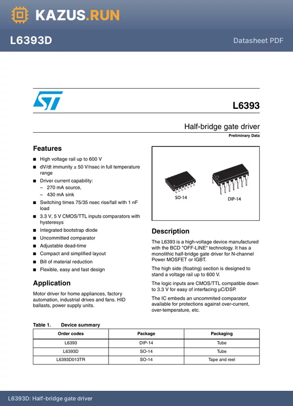 L6393D datasheet - Half-bridge gate driver