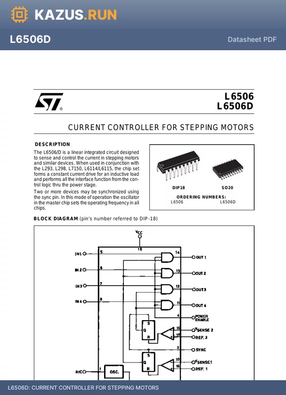 L6506D datasheet - CURRENT CONTROLLER FOR STEPPING MOTORS