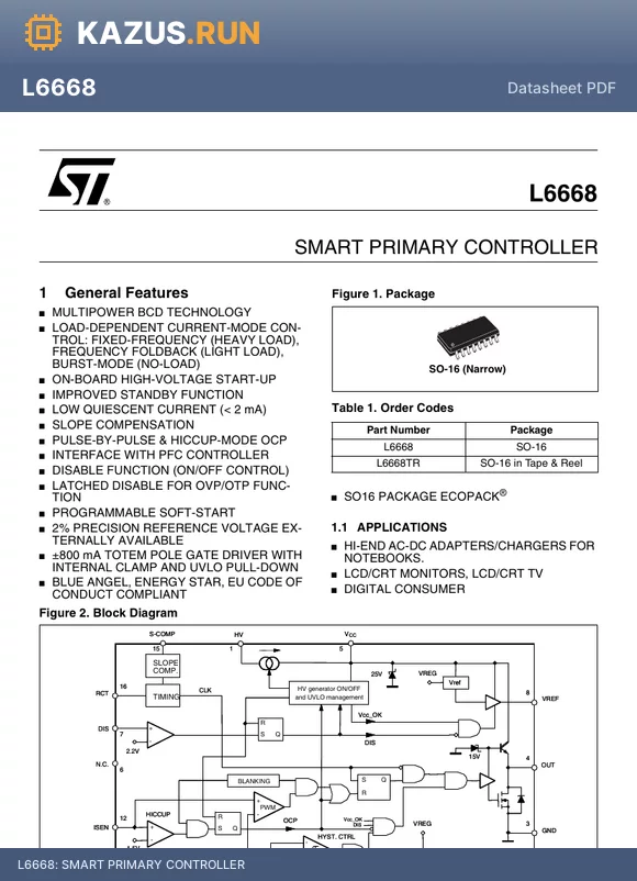 L6668 datasheet - SMART PRIMARY CONTROLLER