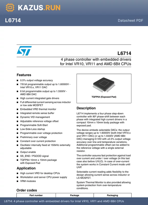 L6714TR datasheet - 4 phase controller with embedded drivers for Intel VR10, VR11 and AMD 6Bit CPUs