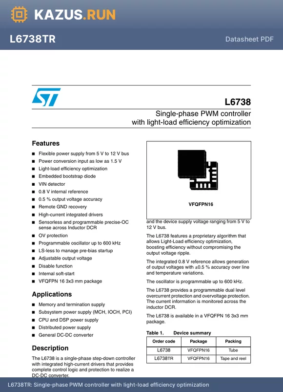 L6738 datasheet - Single-phase PWM controller with light-load efficiency optimization
