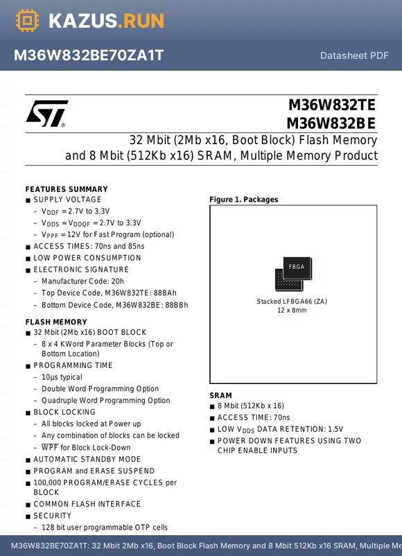 M36W832TE85ZA1S datasheet - 32 Mbit 2Mb x16, Boot Block Flash Memory and 8 Mbit 512Kb x16 SRAM, Multiple Memory Product