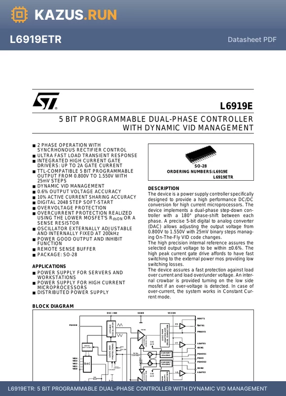 L6919ETR datasheet - 5 BIT PROGRAMMABLE DUAL-PHASE CONTROLLER WITH DYNAMIC VID MANAGEMENT