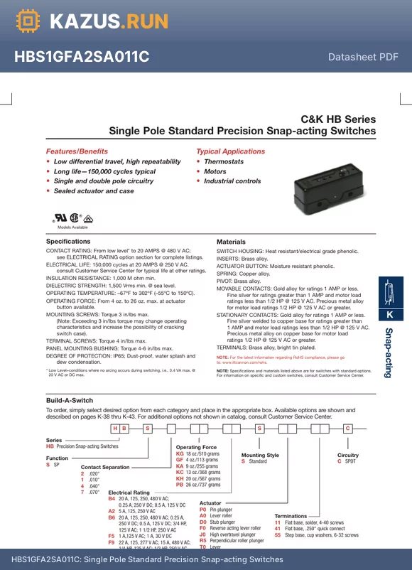 HBS4PBB4SP011C datasheet - Single Pole Standard Precision Snap-acting Switches