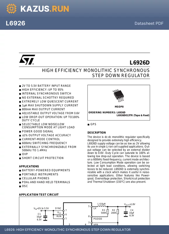L6926D datasheet - HIGH EFFICIENCY MONOLITHIC SYNCHRONOUS STEP DOWN REGULATOR