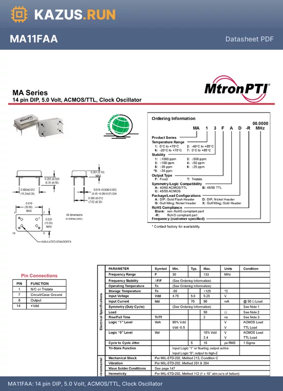 MA64FAA-R datasheet - 14 pin DIP, 5.0 Volt, ACMOS/TTL, Clock Oscillator