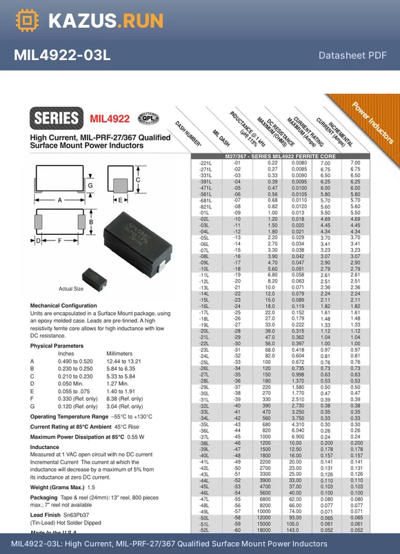 MIL4922-47L datasheet - High Current, MIL-PRF-27/367 Qualified Surface Mount Power Inductors