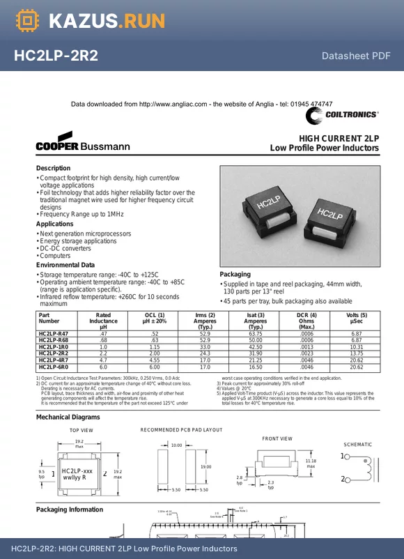 HC2LP-R47 datasheet - HIGH CURRENT 2LP Low Profile Power Inductors