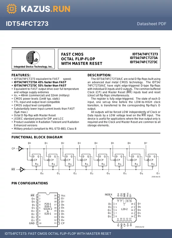 IDT54FCT273AL datasheet - FAST CMOS OCTAL FLIP-FLOP WITH MASTER RESET