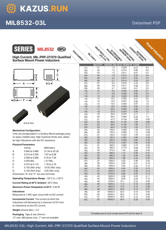 MIL8532-40L datasheet - High Current, MIL-PRF-27/370 Qualified Surface Mount Power Inductors