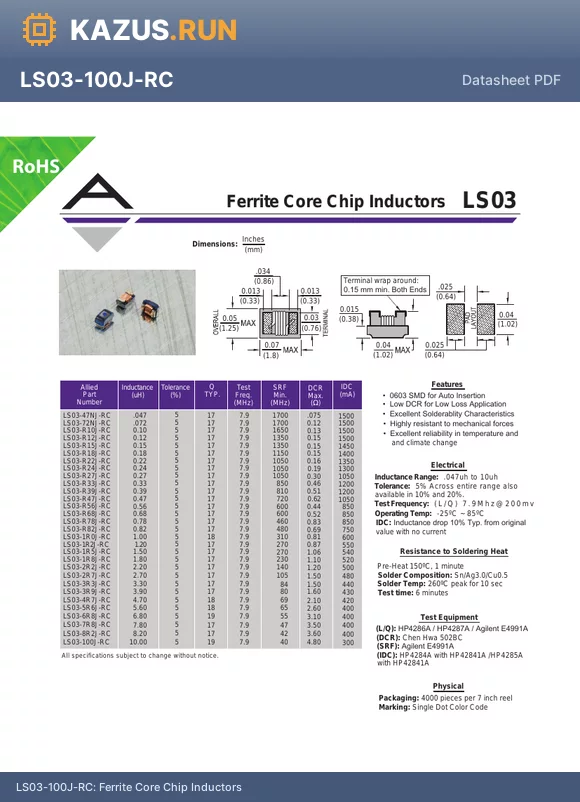 LS03-R18J-RC datasheet - Ferrite Core Chip Inductors