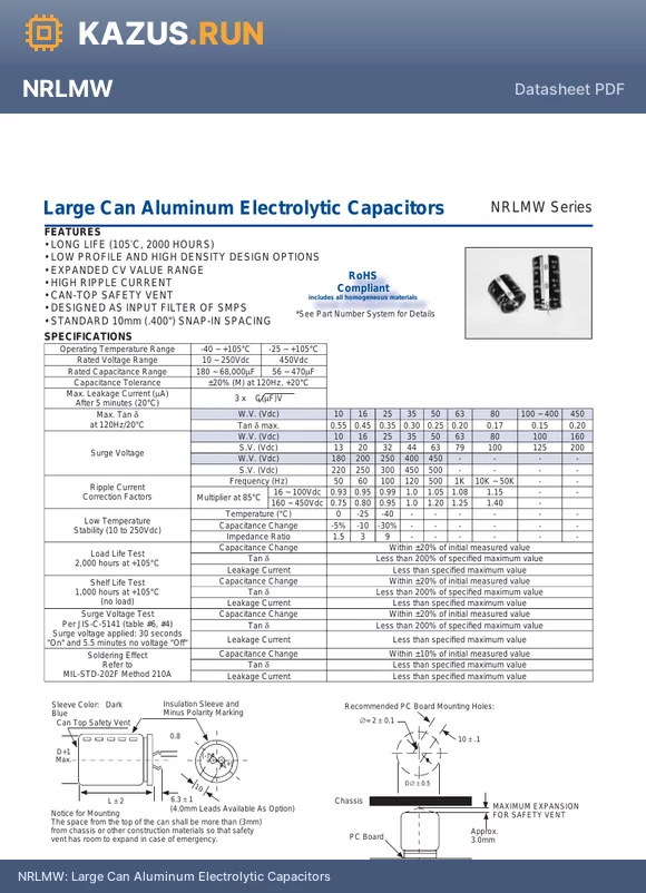 NRLMW682M16V20X30F datasheet - Large Can Aluminum Electrolytic Capacitors