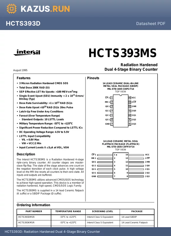 HCTS393D datasheet - Radiation Hardened Dual 4-Stage Binary Counter