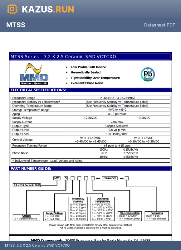 MTSS310C datasheet - 3.2 X 2.5 Ceramic SMD VCTCXO