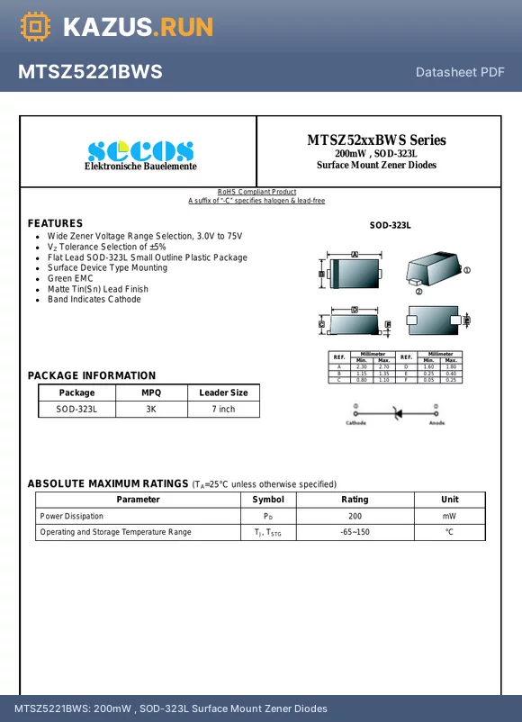 MTSZ5255BWS datasheet - 200mW , SOD-323L Surface Mount Zener Diodes