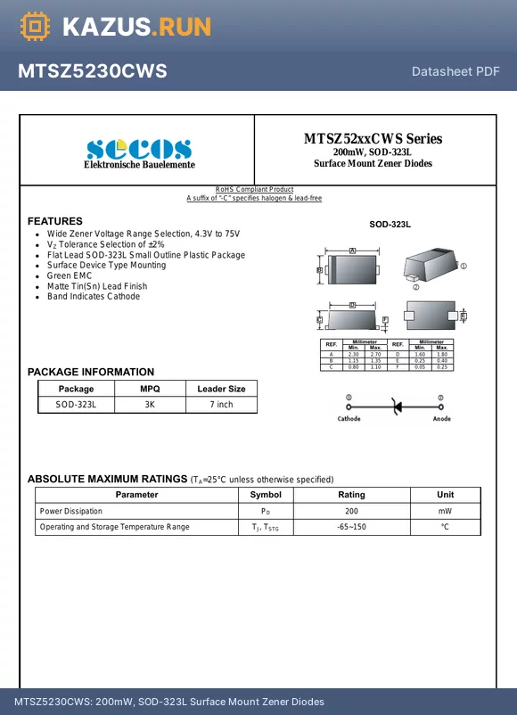 MTSZ5259CWS datasheet - 200mW, SOD-323L Surface Mount Zener Diodes