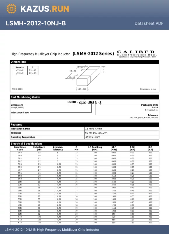 LSMH-2012-R18K-B datasheet - High Frequency Multilayer Chip Inductor