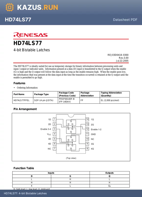 HD74LS77FPEL datasheet - 4-bit Bistable Latches