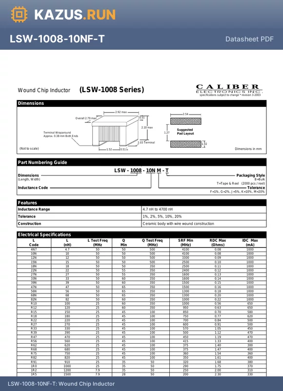 LSW-1008-R82K-T datasheet - Wound Chip Inductor