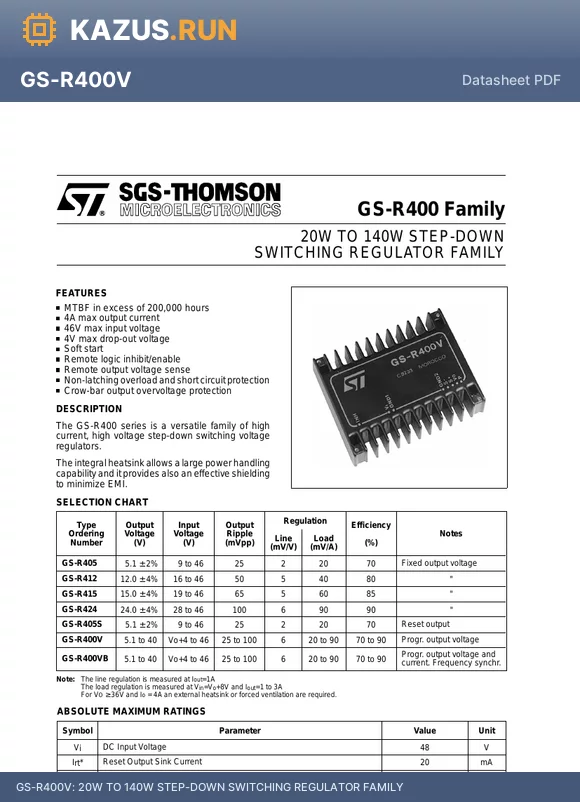 GS-R405 datasheet - 20W TO 140W STEP-DOWN SWITCHING REGULATOR FAMILY