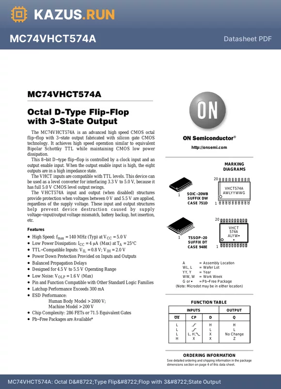 MC74VHCT574A_06 datasheet - Octal D−Type Flip−Flop with 3−State Output