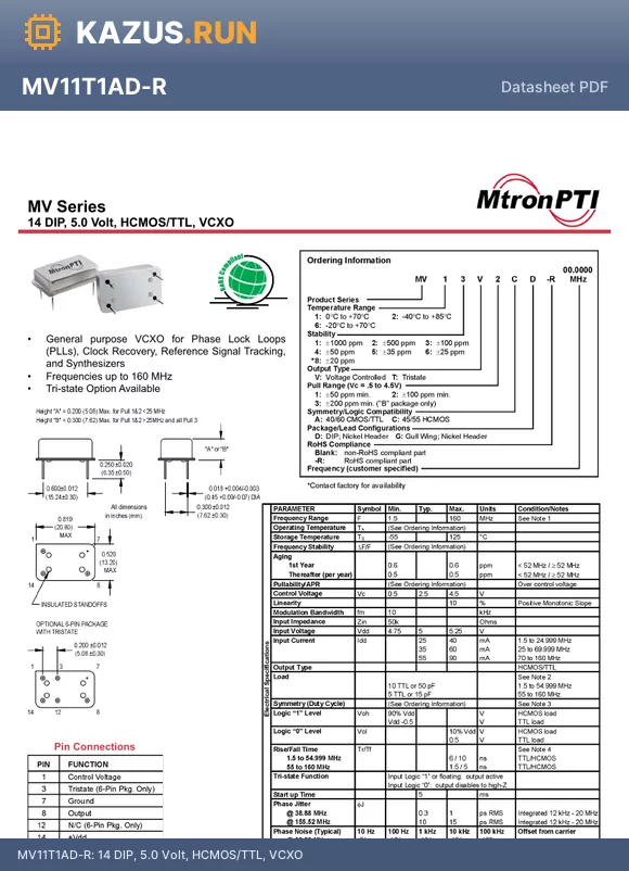 MV13T3CG-R datasheet - 14 DIP, 5.0 Volt, HCMOS/TTL, VCXO
