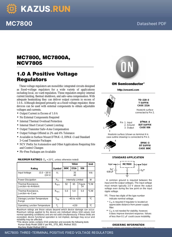 MC7808CD2TR4G datasheet - THREE-TERMINAL POSITIVE FIXED VOLTAGE REGULATORS