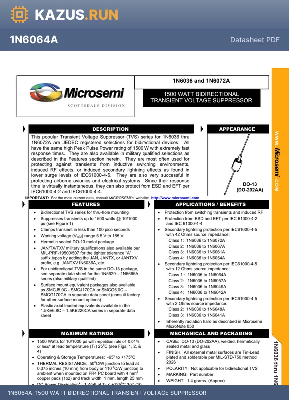 JANTXV1N6067A datasheet - 1500 WATT BIDIRECTIONAL TRANSIENT VOLTAGE SUPPRESSOR
