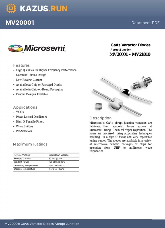 MV20007 datasheet - GaAs Varactor Diodes Abrupt Junction