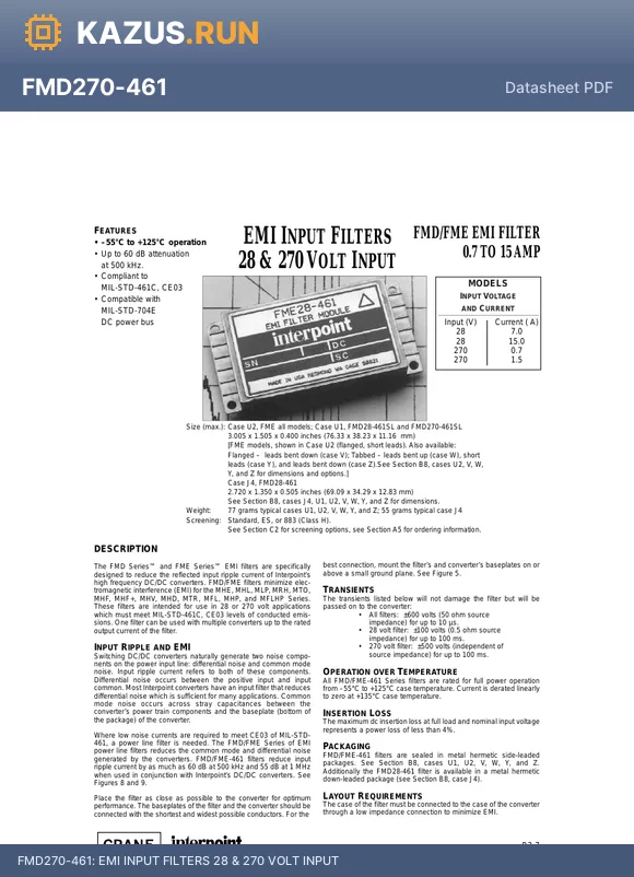 FME270-461W/883 datasheet - EMI INPUT FILTERS 28 & 270 VOLT INPUT