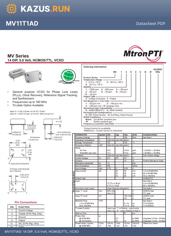 MV24T2CD-R datasheet - 14 DIP, 5.0 Volt, HCMOS/TTL, VCXO