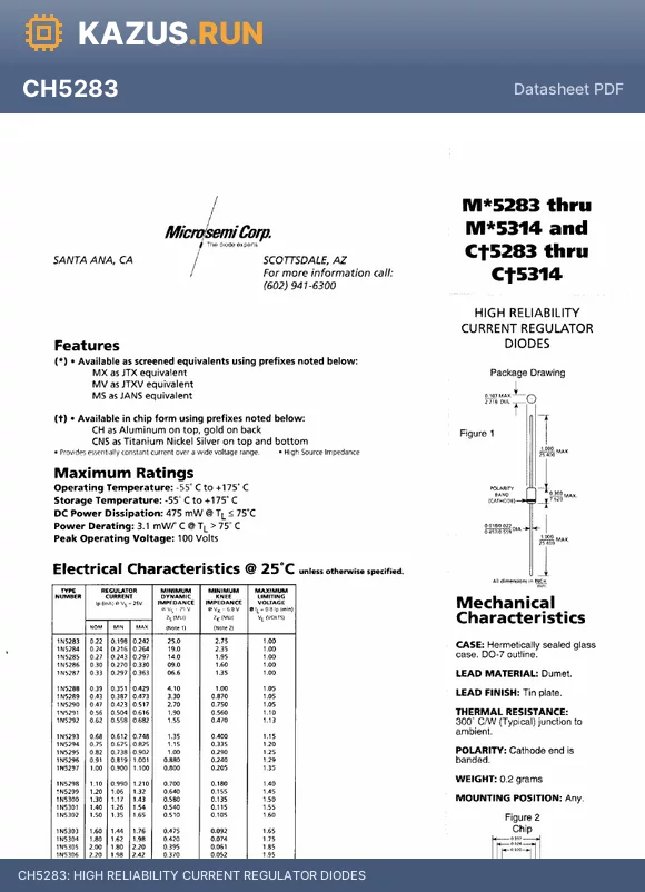 MV5309 datasheet - HIGH RELIABILITY CURRENT REGULATOR DIODES