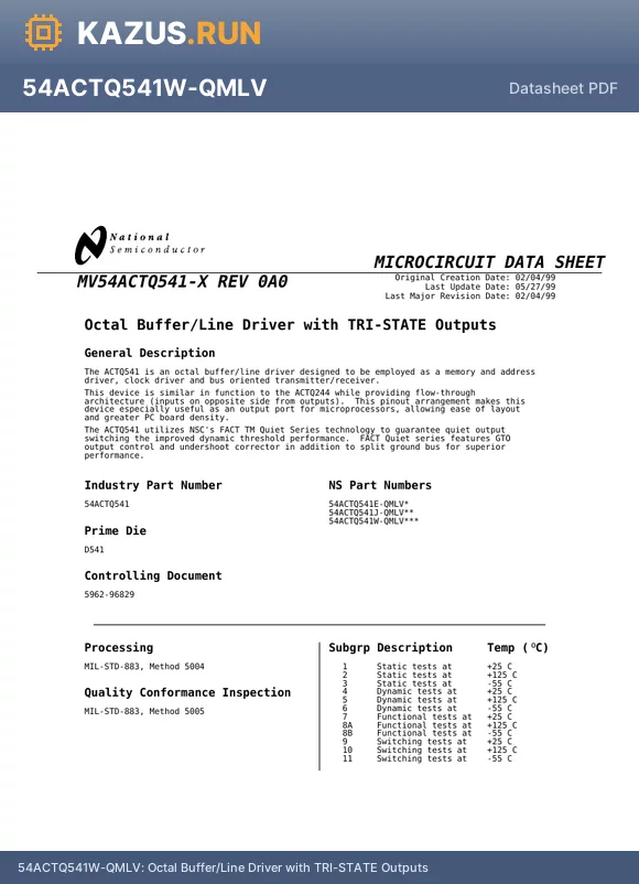 MV54ACTQ541-X datasheet - Octal Buffer/Line Driver with TRI-STATE Outputs