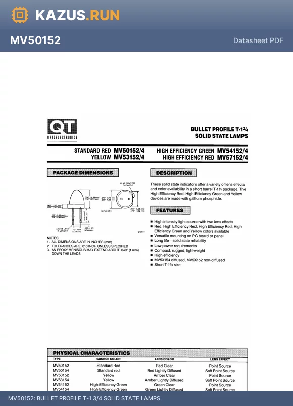 MV57152 datasheet - BULLET PROFILE T-1 3/4 SOLID STATE LAMPS