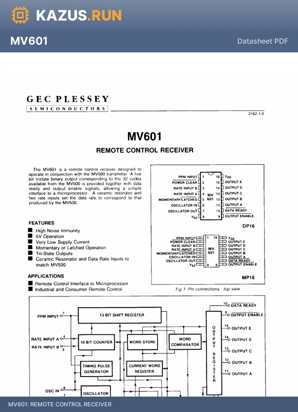 MV601 datasheet - REMOTE CONTROL RECEIVER