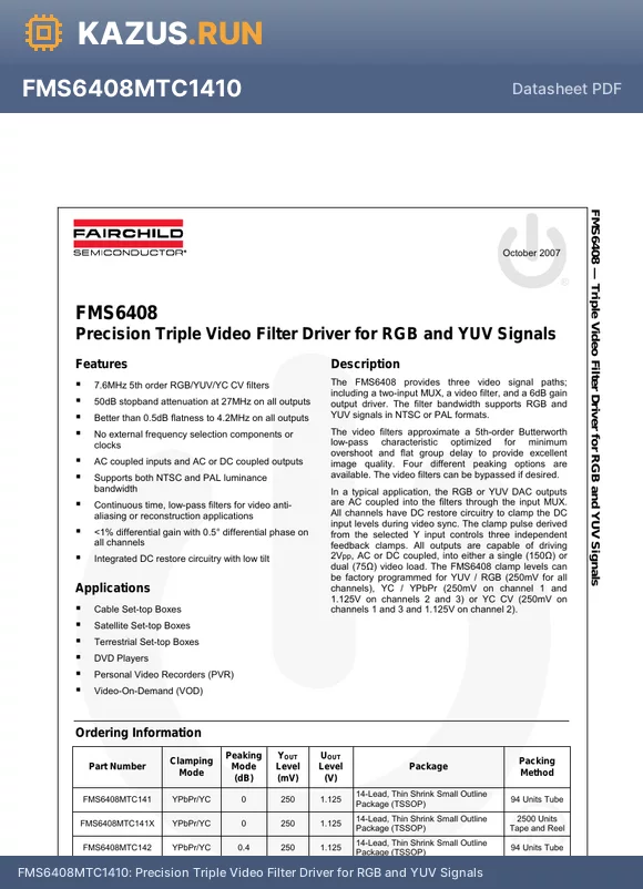 FMS6408MTC1411 datasheet - Precision Triple Video Filter Driver for RGB and YUV Signals