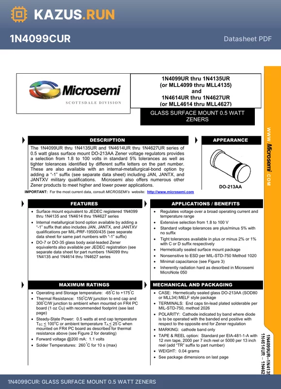 MLL4122 datasheet - GLASS SURFACE MOUNT 0.5 WATT ZENERS