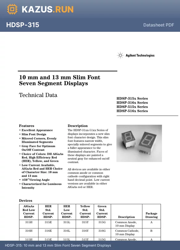 HDSP-315G-NG400 datasheet - 10 mm and 13 mm Slim Font Seven Segment Displays