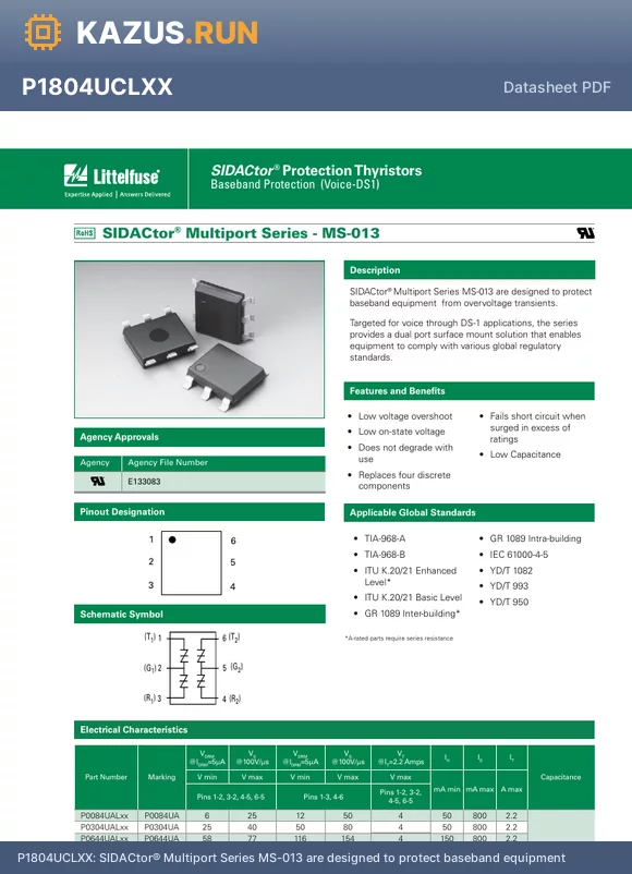 P3104UALXX datasheet - SIDACtor^ Multiport Series MS-013 are designed to protect baseband equipment